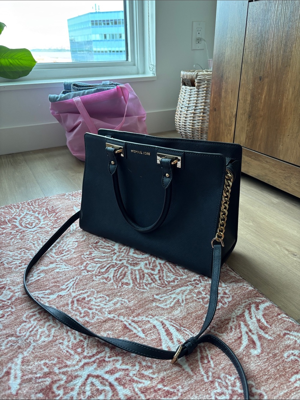 Michael Kors Black Saffiano Shoulder Tote with Chain Accent